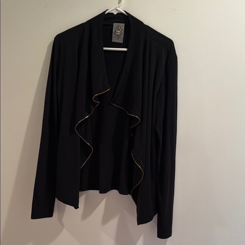 MK2K Black Draped Cardigan with Gold Zipper Trim